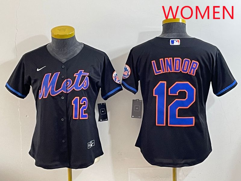 Women 2025 New York Mets #12 Lindor Black Game Nike MLB Jersey style 1